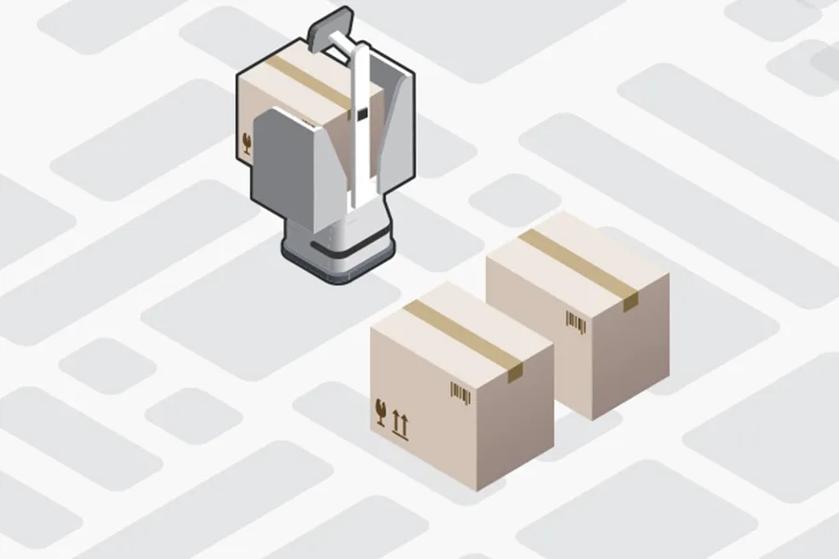 An isometric illustration of CLOi navigating a warehouse.