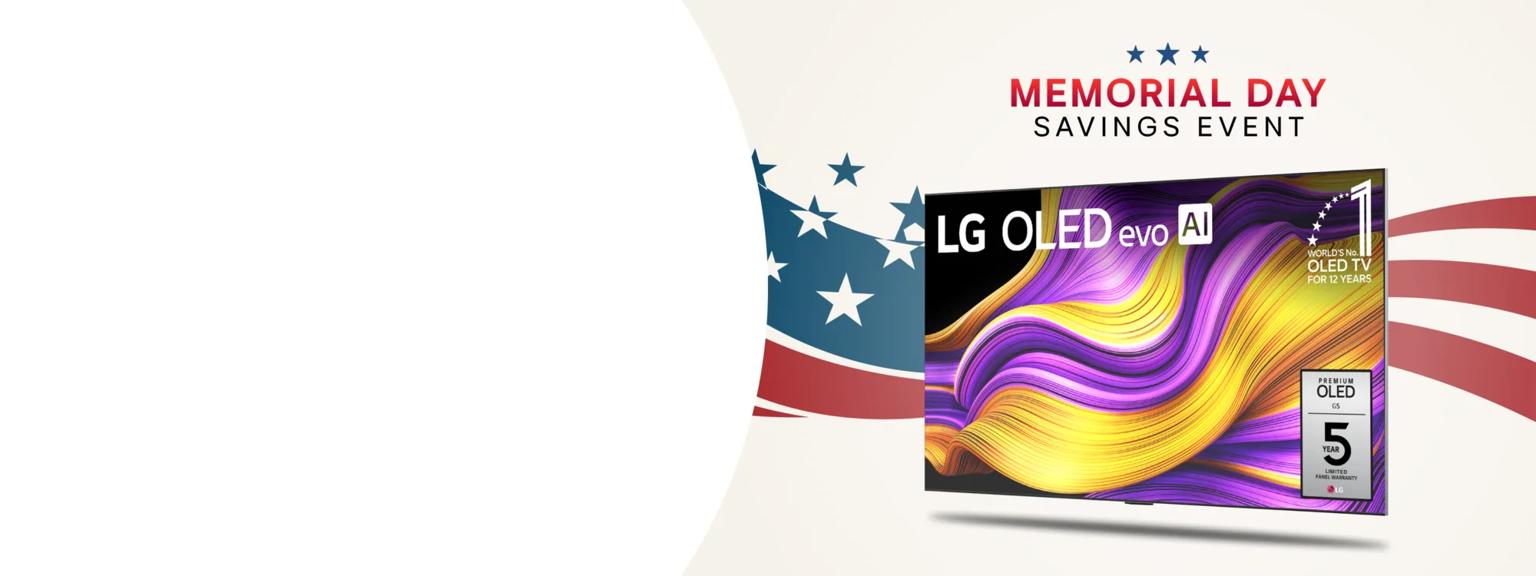 ”Memorial Day Savings Event” title badge. An OLED TV appears with an infill badge reading “World’s No. 1 OLED TV for 12 Years” and another badge for a “Premium OLED G5 5-Year Limited Panel Warranty. A stars and stripes design appears in the background.
