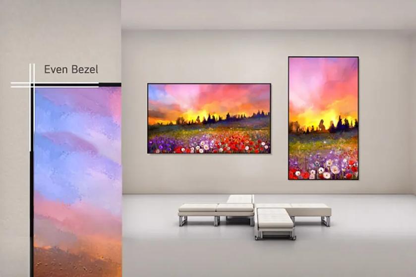 Two 65UL5Q-M UHD Signage in a gallery-like space displaying artistic images, one mounted horizontally and the other vertically. On the left, a close up shows the thin bezel edge with a label reading 'Even Bezel