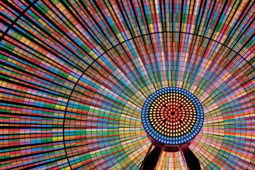 A multicolored circular pattern with concentric dots and radial lines.