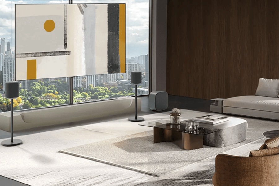 77-дюймовый OLED-телевизор LG OLED77W6PUA с расширенными развлекательными функциями для современной гостиной с видом на город