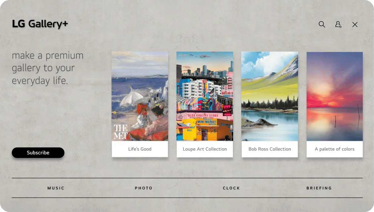LG Gallery+ interface showing four content cards -- Life's Good, Loupe Art Collection, Bob Ross Collection, and A palette of colors -- with the headline 'make a premium gallery to your everyday life.' and a Subscribe button, plus navigation tabs for MUSIC, PHOTO, CLOCK, and BRIEFING.