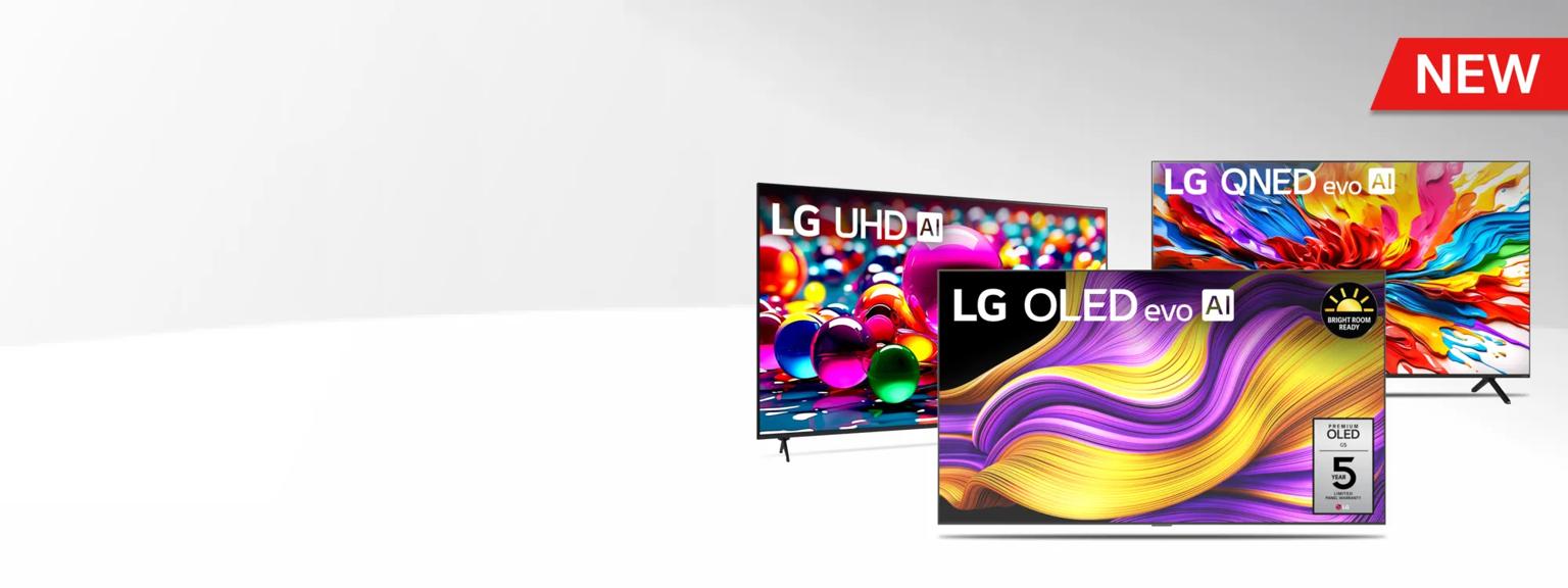 Three LG TVs display vibrant and colorful abstract imagery. The TVs are labeled LG UHD AI, LG QNED evo AI and LG OLED evo AI. The OLED is in front of the other screens, and has badge that says Bright Room Ready and a badge that says Premium OLED G5 5 Year Limited Panel Warranty. A red 'NEW' label appears in the top corner of the screen.