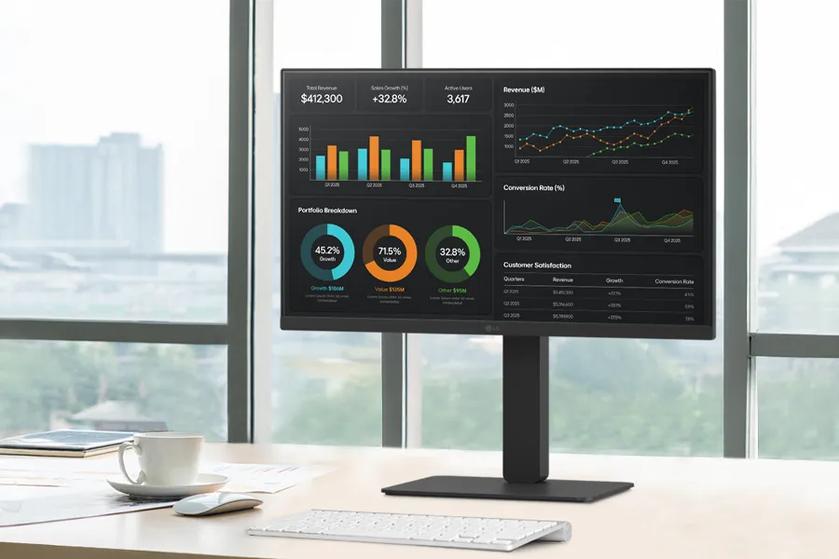 An LG monitor displays bold data graphs in a clean modern office