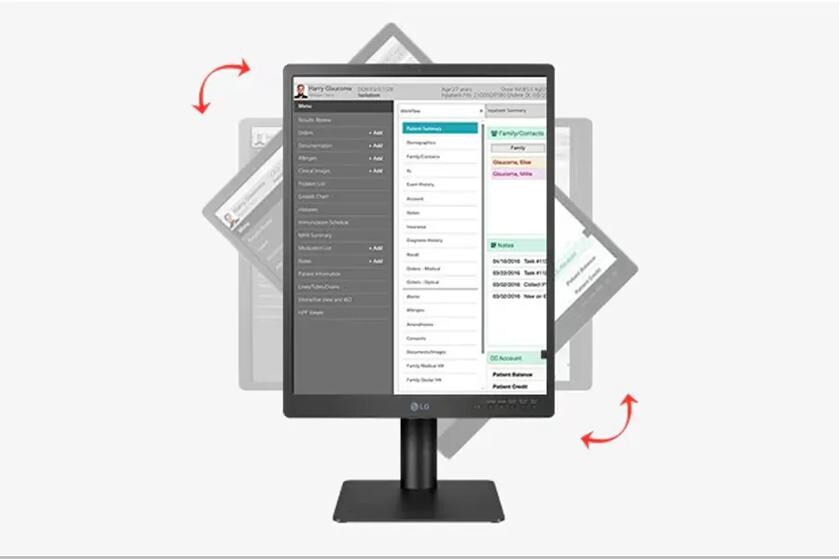 LG diagnostic monitor with a medical interface and rotation capability indicated by curved arrows.