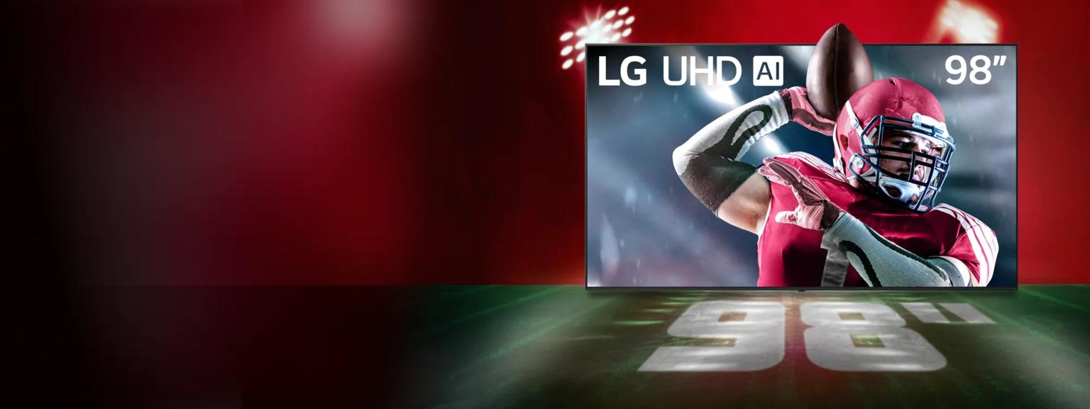 LG UHD TV on football field backdrop. Screen shows player throwing football. “98” text below.