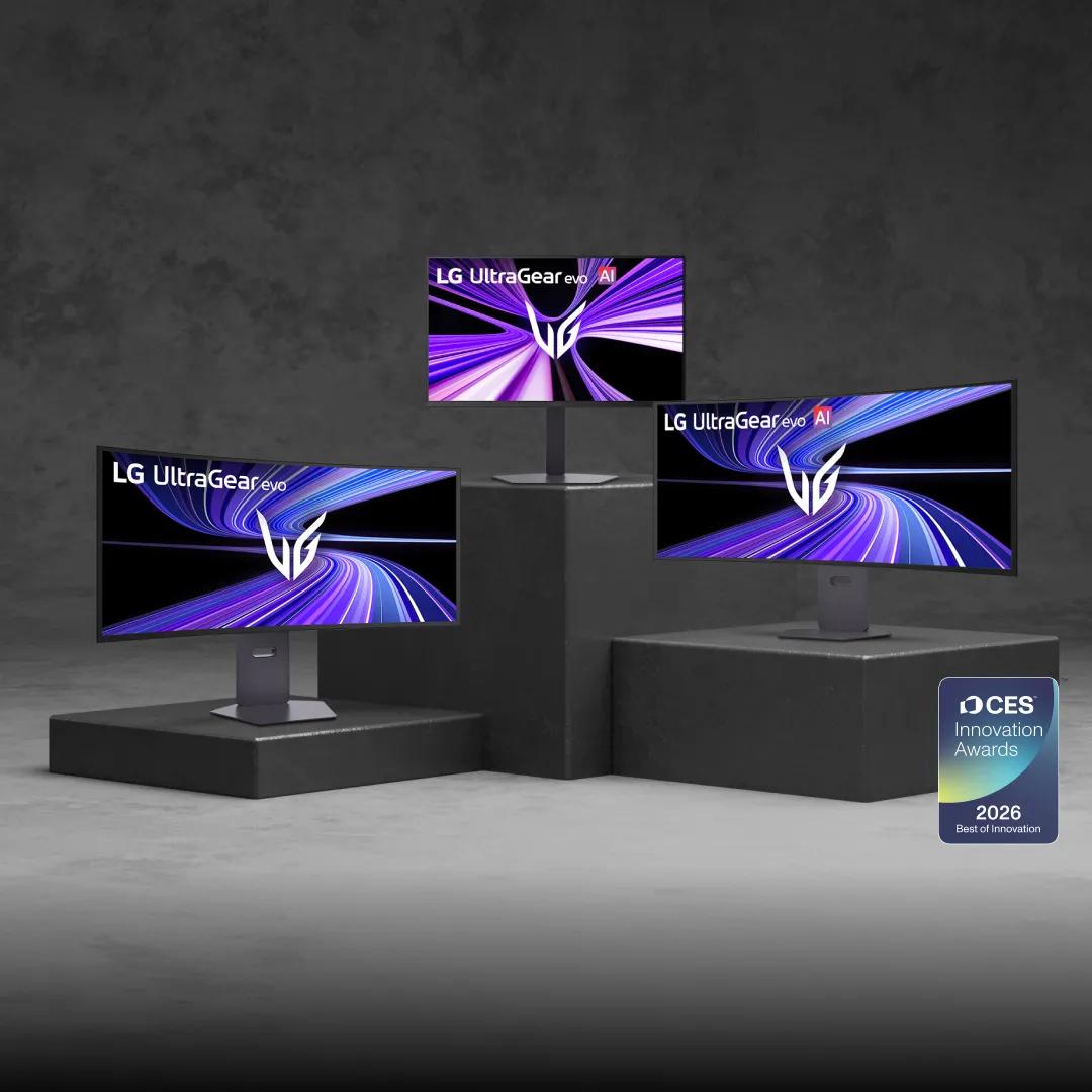 Various UltraGear evo AI monitors appear on smokey grey background. “CES Innovation Awards 2026” badge.