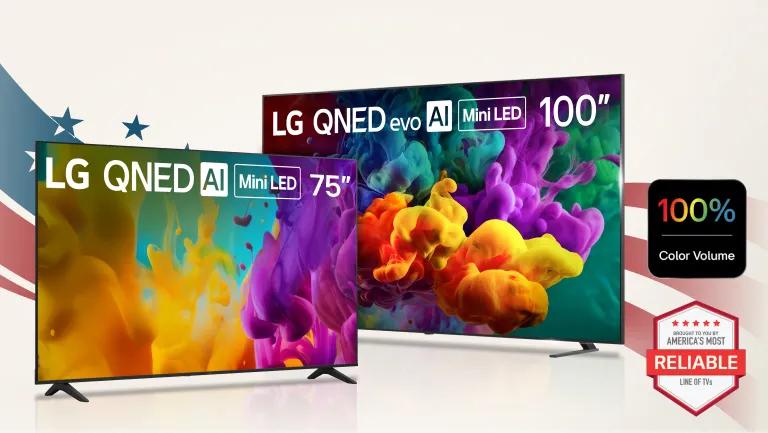 Labor Day -- LG QNED AI Mini LED 75" TV and LG QNED evo AI Mini LED 100" TV displayed against a patriotic flag backdrop, with 100% Color Volume badge and brought to you by America's Most Reliable Line of TVs badge