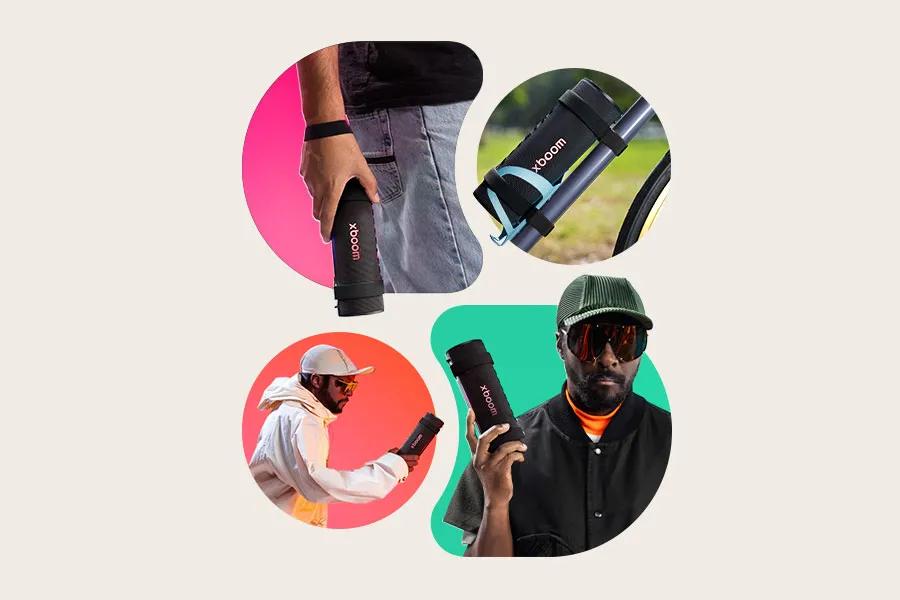 Will.i.am holding the xboom Grab product