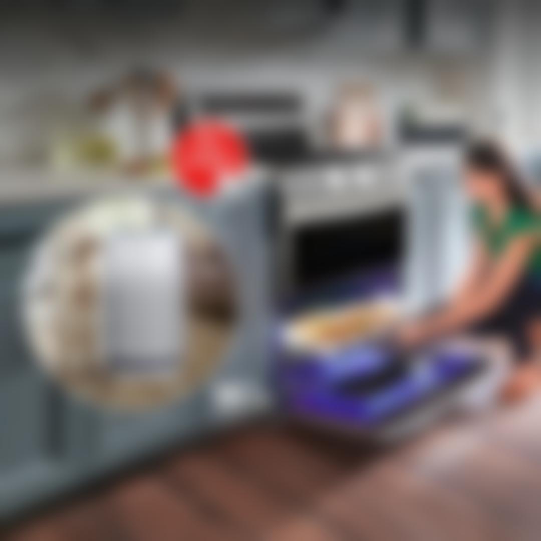 LG range with open oven and LG air purifier shown beside a cat; LG Online Exclusive badge; 15% off an eligible LG Air Purifier