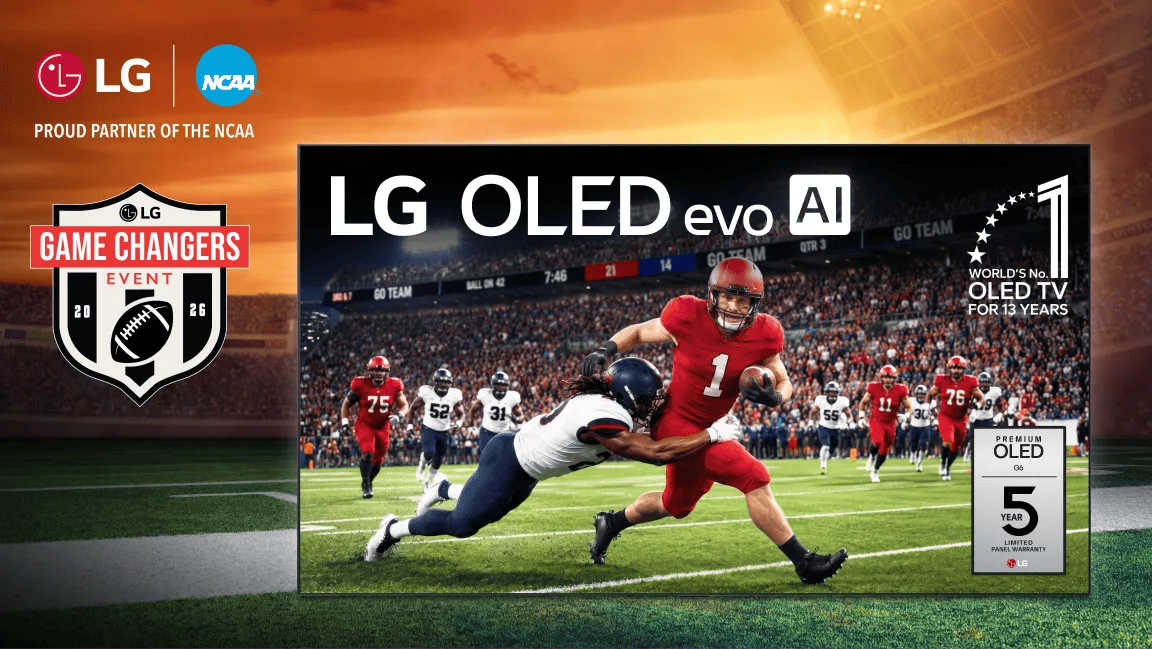 LG Game Changers Event 2026 featuring LG OLED evo AI TV displaying a college football game, with LG and NCAA logos, "PROUD PARTNER OF THE NCAA" text, World's No. 1 OLED TV For 13 Years badge, and Premium OLED G6 5 Year Limited Panel Warranty badge