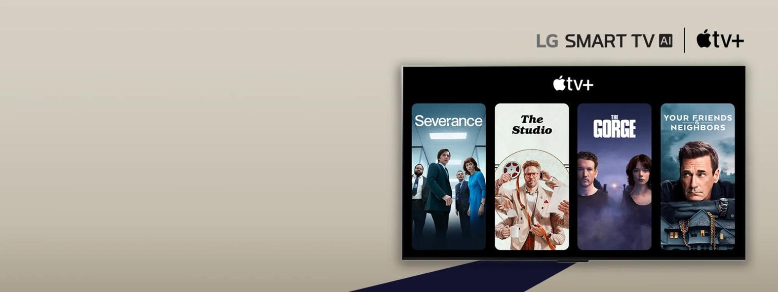 “LG Smart TV AI” and “Apple TV Plus” title badge. A TV screen appears on a tan background. Within the infill of the TV are various title cards from popular Apple TV Plus series, including Severance, The Gorge, The Studio, and Your Friends & Neighbors.
