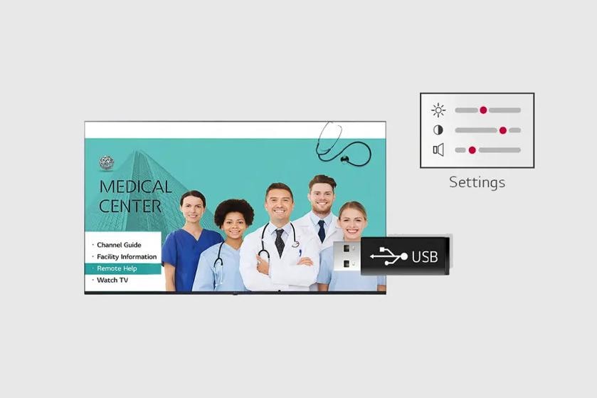 Image of a medical center promotional material featuring medical staff, menu options, and settings icon.