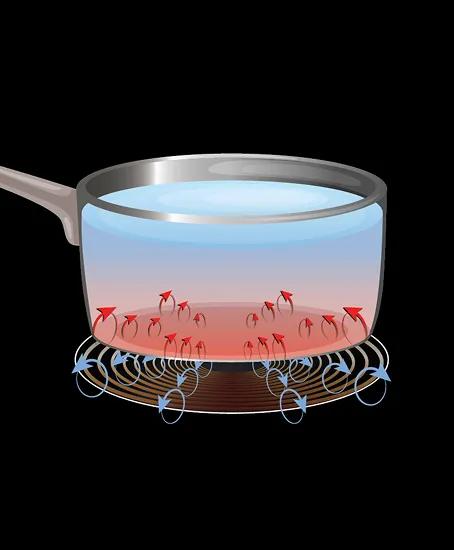 Induction heating visual with magnetic rings under pot, labeled