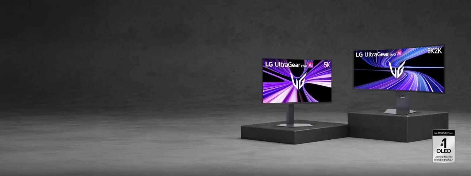 Two LG UltraGear OLED gaming monitors on dark gray platforms, featuring purple motion graphics and AI branding, with a badge that says, “LG UltraGear OLED, #1 OLED Gaming Monitor Brand in the USA.”