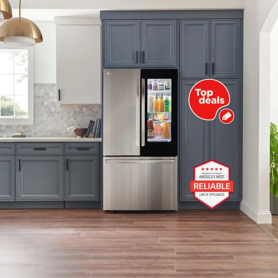 An LG InstaView Refrigerator in a stylish kitchen setting. “Top Deals” and “America’s Most Reliable Line of Home Appliances” badges. 