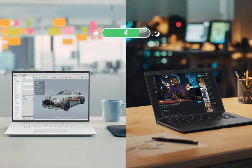 Split image showing a white laptop in a bright office space and a black laptop in a dimly lit room, with a battery life progress bar above.