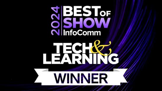 2024 InfoComm Tech & Learning Best of Show Winner graphic with purple and blue light streaks