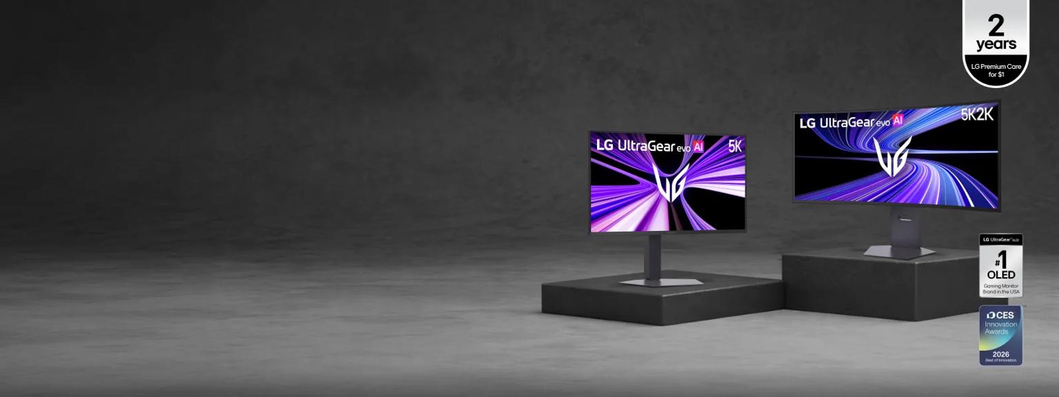 “2 years LG Premium Care for $1” text. Various UltraGear evo AI monitors appear on smokey grey background. “#1 OLED Gaming Monitor Brand in the USA” and “CES Innovation Awards 2026” badges.