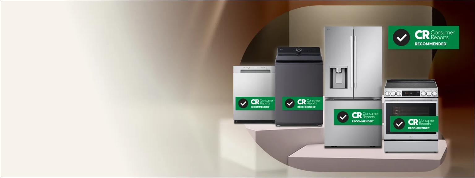An LG dishwasher, washer, refrigerator and range stand on pedestals with Consumer Reports recommended badges.