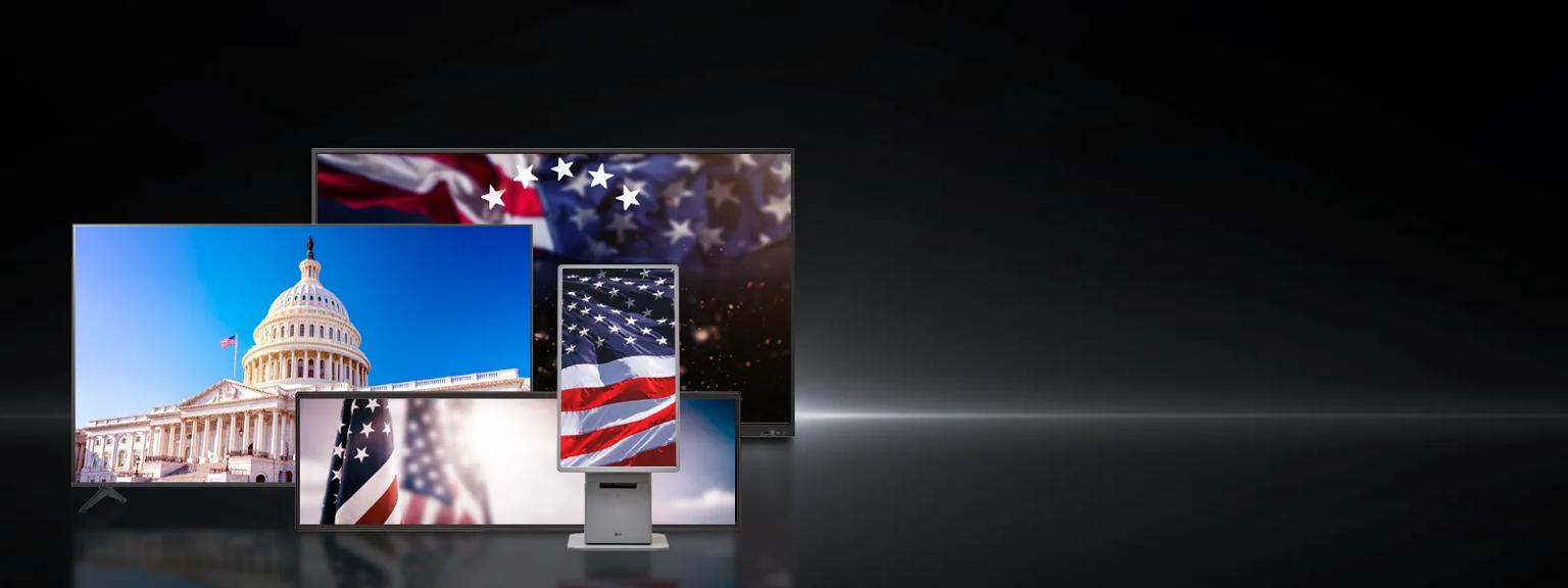 LG Signage on a dark background, with images of the American Flag and US capitol on their displays