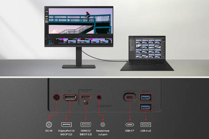 LG Monitor connected via cable to LG gram laptop. Below is a close up image of the ports on the monitor, labeled in order: DC-IN, DisplayPort 1.4 (HDCP 2.2), HDMI 2.0 (HDCP 2.2), Headphone out port, USB-C, USB-A x2.