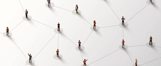 People standing on an off-white background, linked by darker circles and lines to indicate connection.