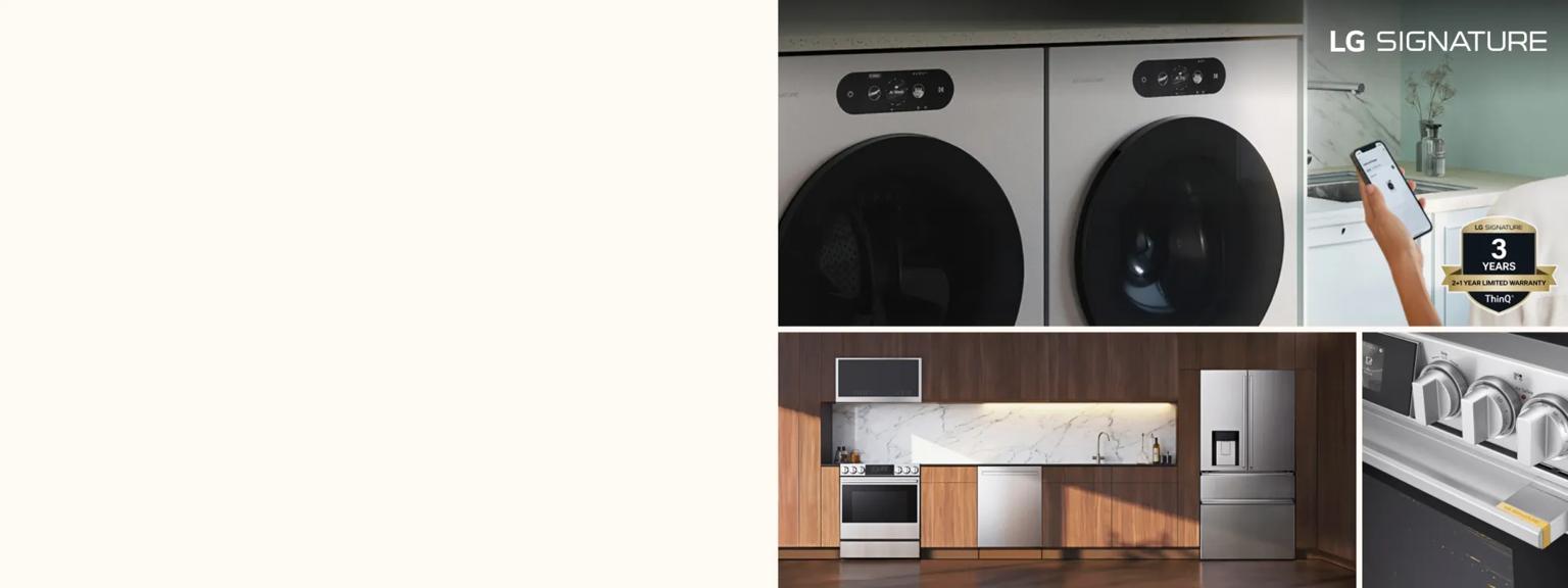 Various LG SIGNATURE appliances appear in various home settings. “3 Years Limited Warranty” badge.