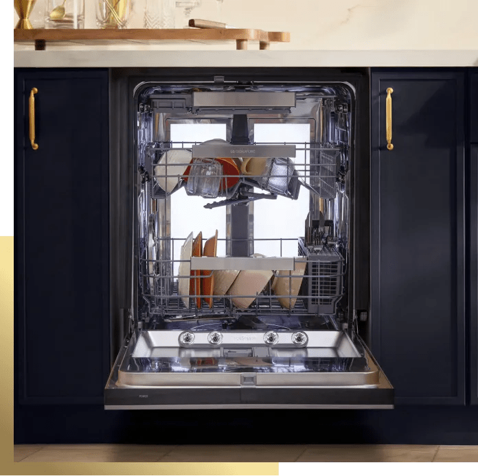 LG SIGNATURE dishwasher with Backlit LED light panel illuminating interior racks and dishes, front view and door open.