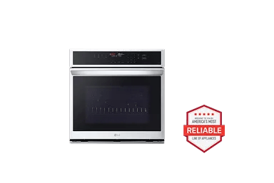 A front-facing image of an LG WSEP4723F/D single wall oven next to a red 'Brought to you by America's Most Reliable Line of Appliances' badge.