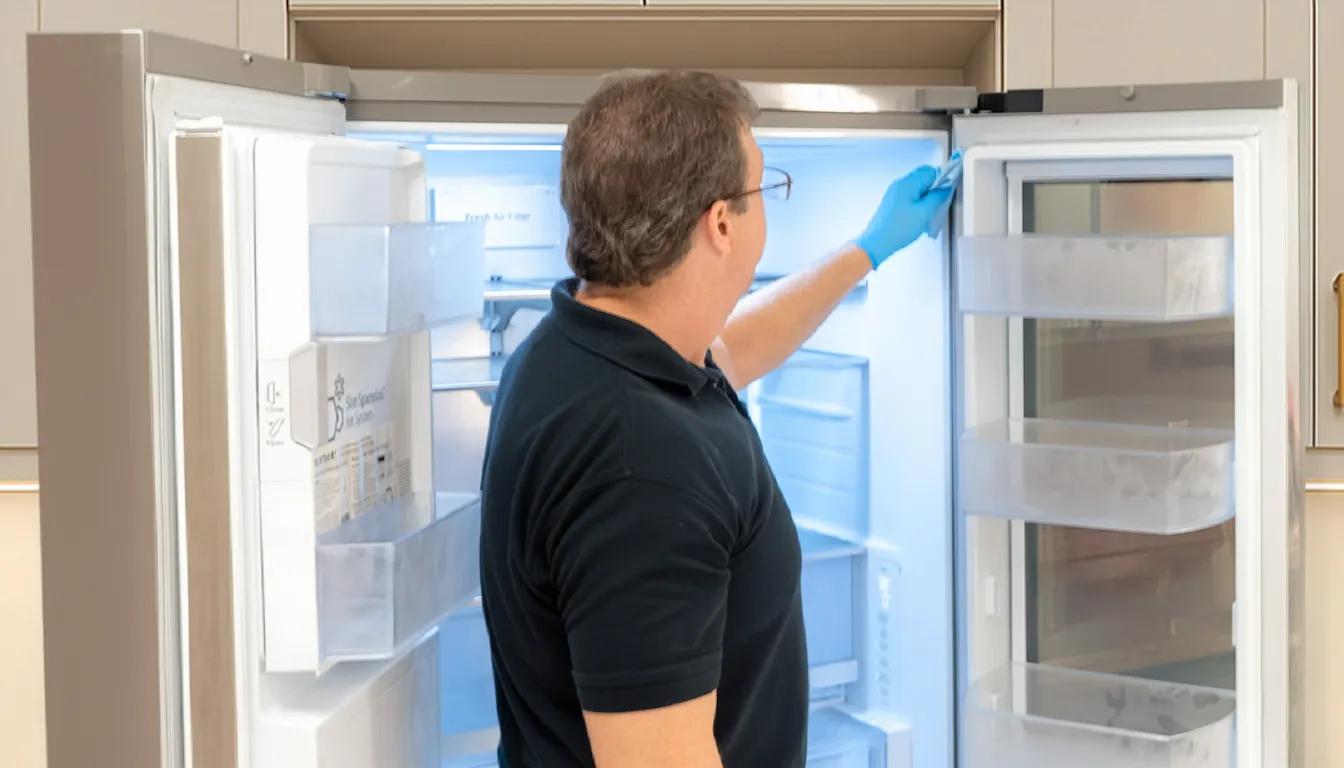 An LG technician reaching into the top corner of an open LG refrigerator to sanitize the door seal and interior frame.
