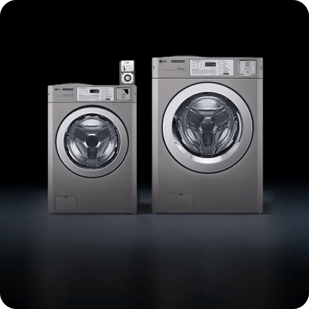 LG commercial front-load washing machines displayed against a dark background