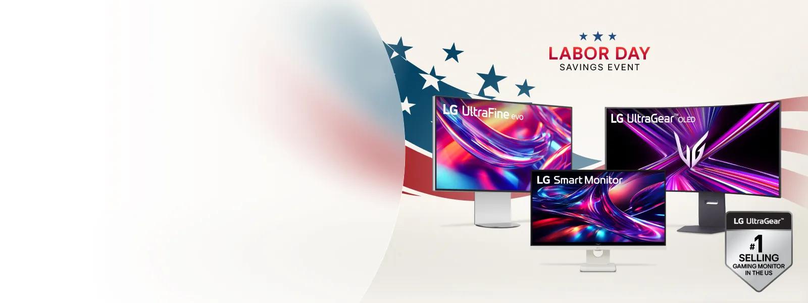 Labor Day Savings Event featuring LG UltraFine evo Monitor, LG Smart Monitor, and LG UltraGear OLED Monitor against a patriotic American flag backdrop, with LG UltraGear #1 Selling Gaming Monitor in the US badge