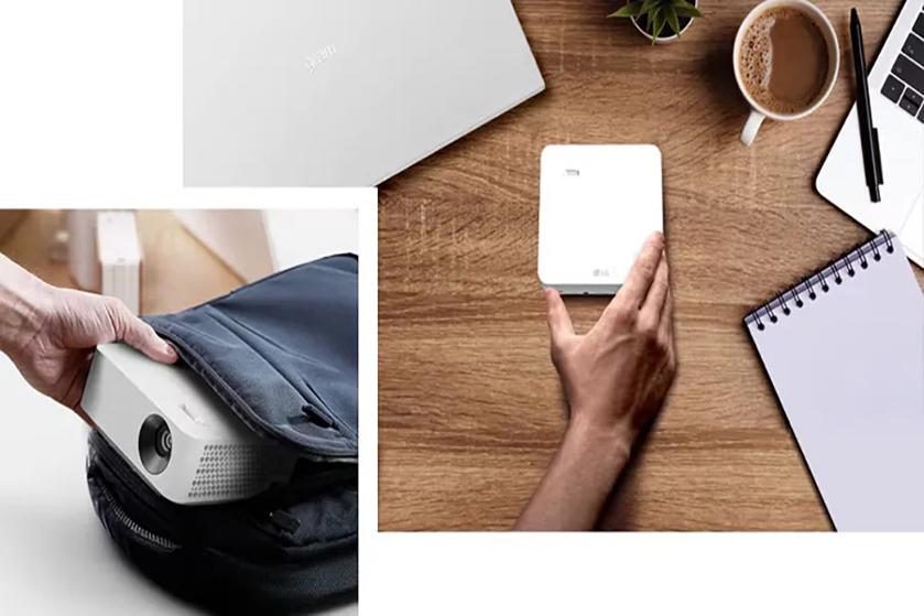 A person places a portable projector into a backpack next to a table with a projector, laptop, notebook, and coffee.