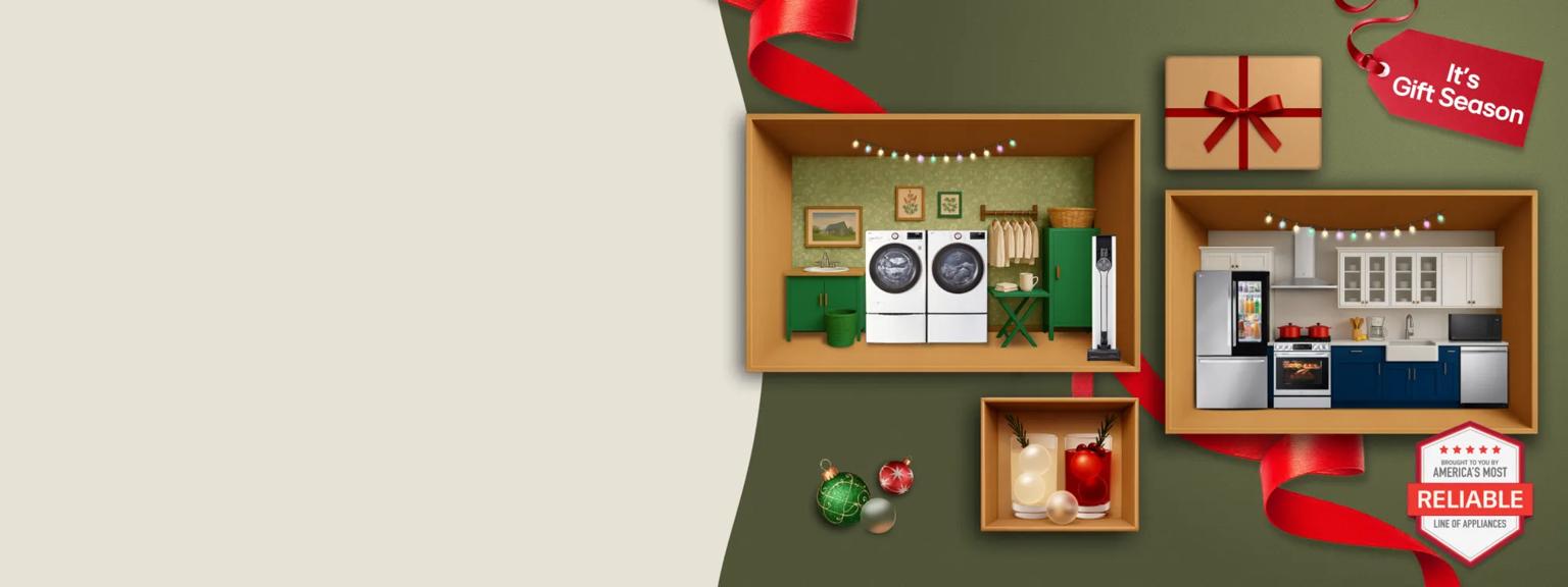 “It’s Gifting Season” tag. Various holiday-themed items and LG home appliances appear in kitchen and laundry room settings within a gift box collage layout. “America’s Most Reliable Line of Home Appliances” badge.