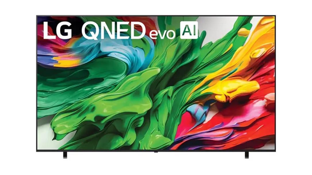 A front-facing image of an LG QNED evo 85A showing a multicolored splash of paint on the screen.