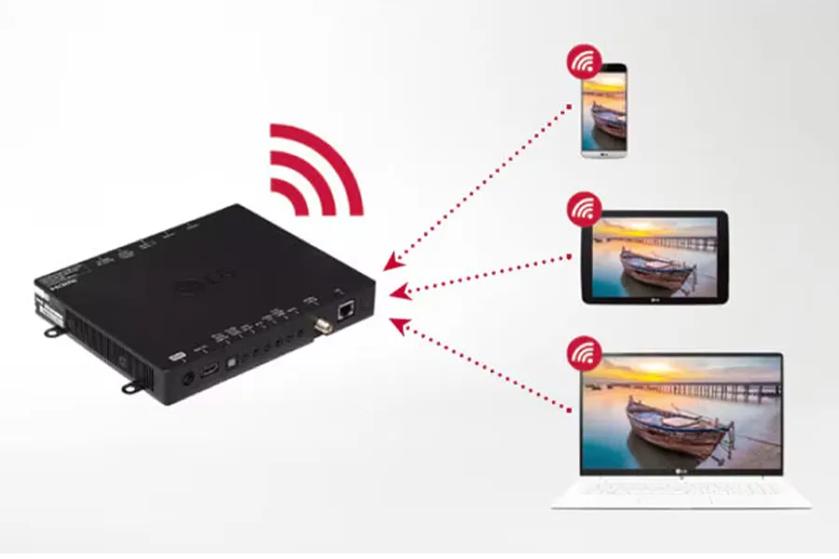 Tablet, laptop, and smartphone displaying the same serene image of a boat at sunset, with a wireless symbol and dotted lines connecting to an LG Set Top Box.