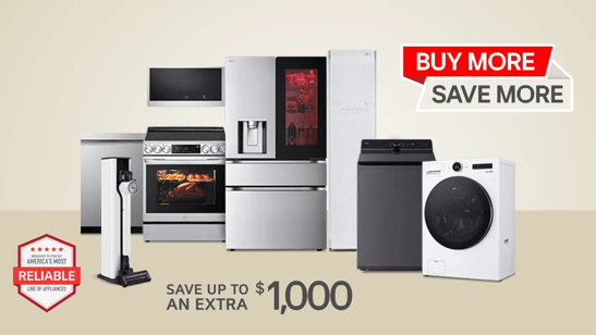 Text reading Buy more Save More above images of kitchen appliances
