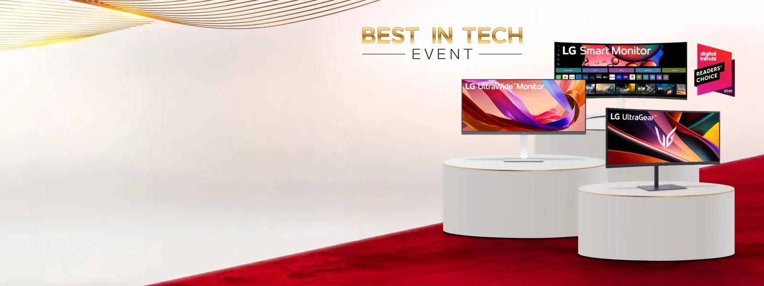 “Best in Tech Event” title badge. A group of various LG monitors on a red carpet. “Digital Trends Readers’ Choice 2025” badge.