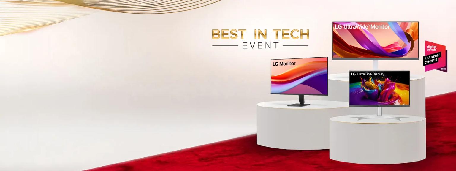 “Best in Tech Event” title badge. A group of various LG monitors on a red carpet. “Digital Trends Readers’ Choice 2025” badge.