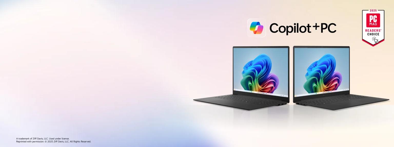 2 LG gram laptops side-by-side. “Copilot + PC” text appears above. “2025 PC Mag Reader’s Choice” badge. 