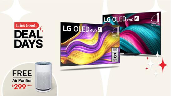 “Life’s Good Deal Days” title badge. 2 OLED TVs side-by-side with “World’s No. 1 OLED TV for 12 Years” infill. Air purifier appears on pop-out below with text “Free air purifier”.