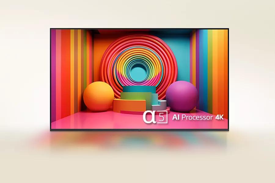 The LG UT7590 screen, featuring a room with striped walls, layers of rings and two spheres, all various colors of the rainbow, with the AI Processor 4K logo.