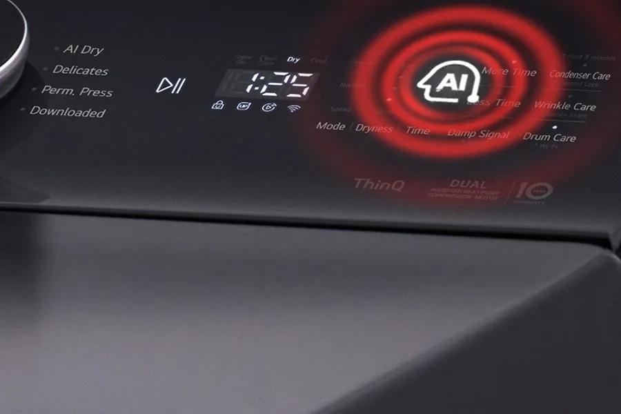 LG DLHC8402B Dryer control panel with AI-powered cycle options including AI Dry, Delicates, Perm Press, and Downloaded cycles