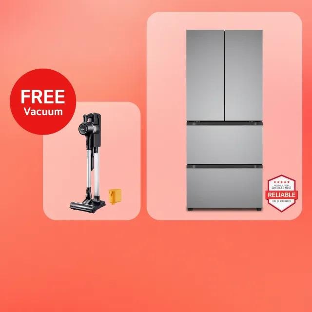 A specialty refrigerator on a coral background. “America’s Most Reliable Line of Home Appliances” badge appears below. A CordZero vacuum appears beside the fridge with text reading “Free Vacuum” above it. 