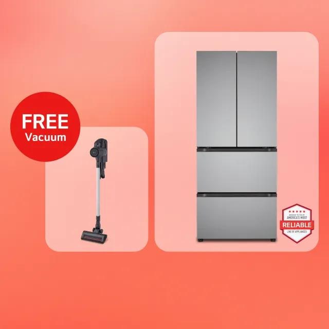 An LG Specialty Refrigerator beside a CordZero™ vacuum. “Free vacuum” text appears above. 