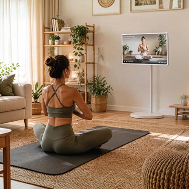 Woman on a yoga mat in a living room, following a workout video on LG StanbyME 2 on a standing display.