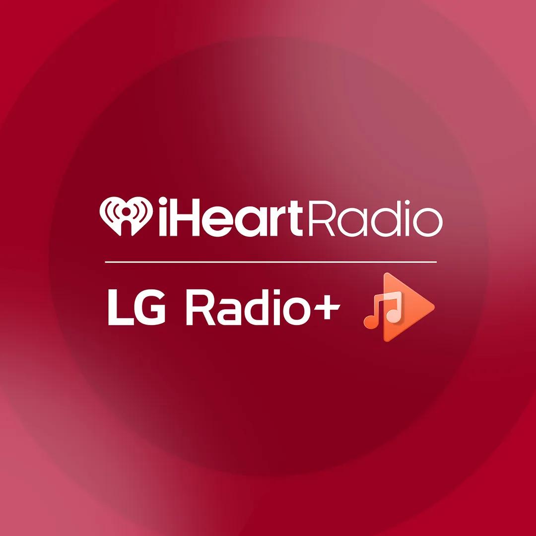 The logo for iHeartRadio and LG Radio+ displayed against a dark red background with concentric circular patterns.