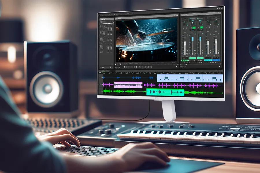 27U511SB-W LG Monitor displaying video editing software with timeline and audio waveforms in creative workspace