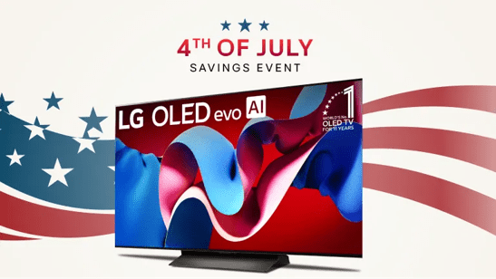 “4th of July Savings Event” title badge. An LG OLED on a stars and stripes graphic. TV infill reads “World’s No. 1 OLED TV for 12 Years”. 